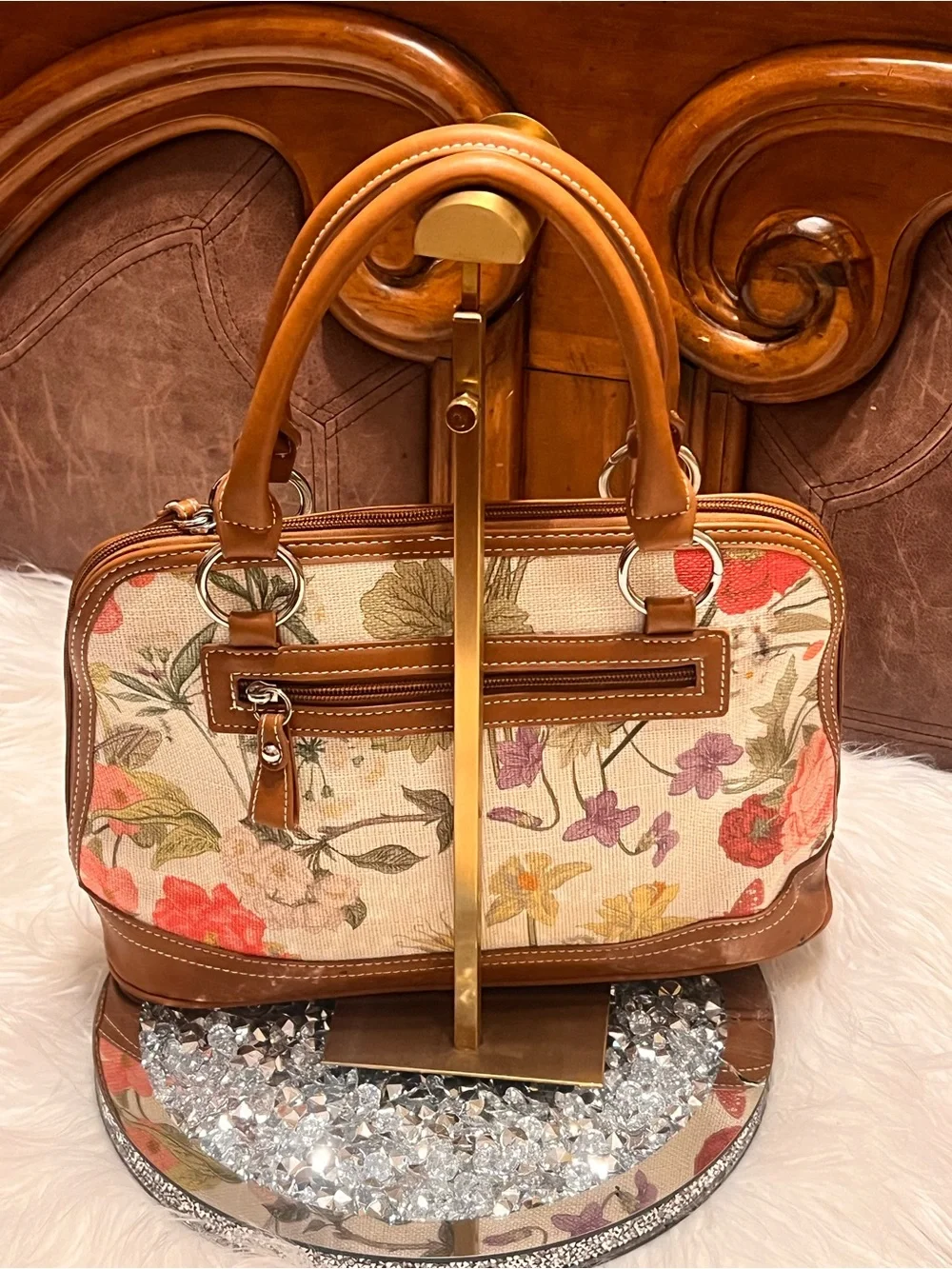 Gianni Bini Floral Canvas Satchel in Cream a handbag